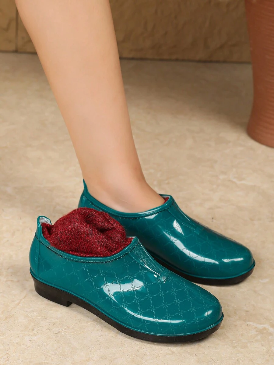 Fesd Ts 女士浅口低帮雨鞋，日式时尚外套保暖内衬保暖雨靴，防滑厨房/工作/户外洗车防水鞋 - 墨綠色 - 查看 1