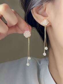 topshiny 1 对韩式优雅玫瑰花仿珍珠流苏奢华优雅耳钉耳环适合女士情人节、妈妈、母亲、母亲节、礼物 - 白色 - 查看 3