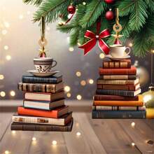 2pcs/Set Christmas Tree Hanging Ornaments - Acrylic Book And Coffee Cup Design, Suitable For Backpack And Car Decor, Ideal Holiday Gift,For School Supplies,Back To School - Multicolor - View 4