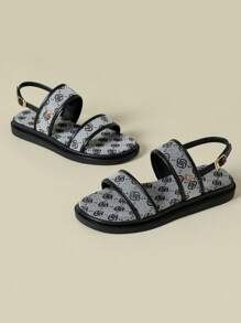 Women's Thick Sole One-Strap Sandals, Bohemian Ditsy Floral, Open Toe, Comfortable, Wedge Heel, Suitable For Beach, Summer, Spring/Autumn, Black/White Irregular Floral, Plus Size 41-43