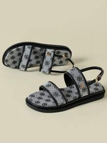 Women's Thick Sole One-Strap Sandals, Bohemian Ditsy Floral, Open Toe, Comfortable, Wedge Heel, Suitable For Beach, Summer, Spring/Autumn, Black/White Irregular Floral, Plus Size 41-43