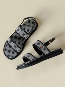 Women's Thick Sole One-Strap Sandals, Bohemian Ditsy Floral, Open Toe, Comfortable, Wedge Heel, Suitable For Beach, Summer, Spring/Autumn, Black/White Irregular Floral, Plus Size 41-43