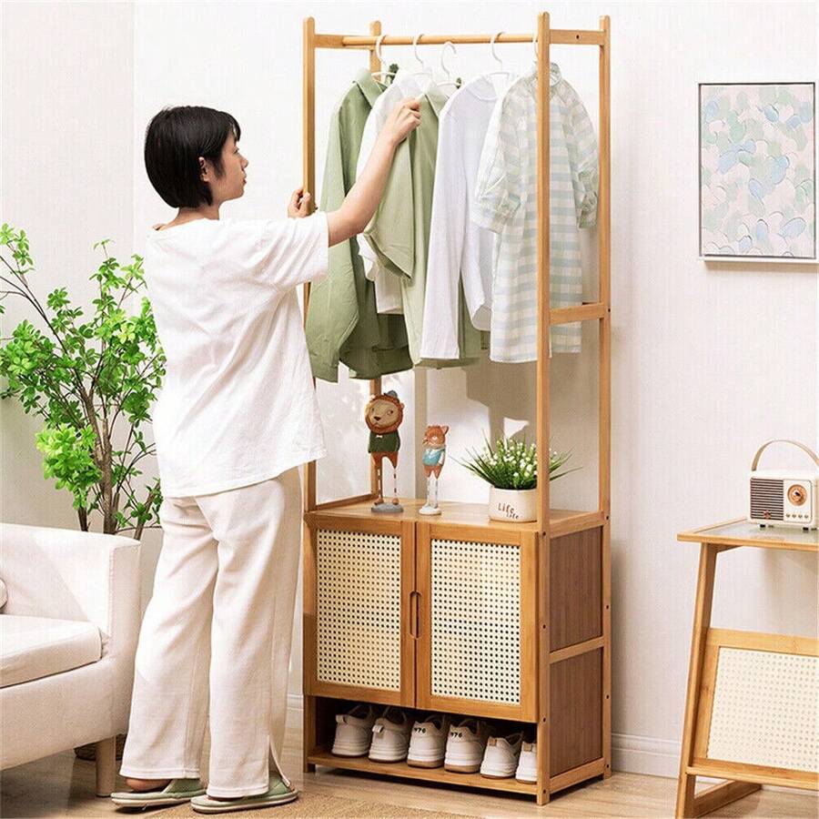 Bamboo Clothes Rack Garment Rail Stand Storage Shoe Shelf Walk
