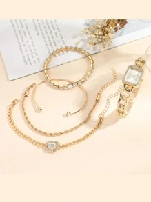 Bộ 5 chiếc đồng hồ thạch anh mặt số hình thang cân thời trang cho tuổi teen + Vòng tay La Mã, thích hợp làm quà tặng sinh nhật, Halloween, Giáng sinh - Vàng - Xem 4