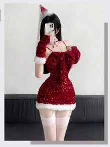 3pcs/Set Christmas Dress + 2pcs Sleeve Shrug + Necklace, Sexy New Year Stage Costume Outfit Clubwear, Cosplay Festival Uniform