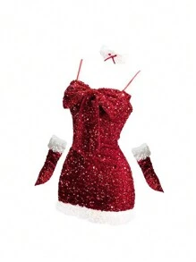 3pcs/Set Christmas Dress + 2pcs Sleeve Shrug + Necklace, Sexy New Year Stage Costume Outfit Clubwear, Cosplay Festival Uniform