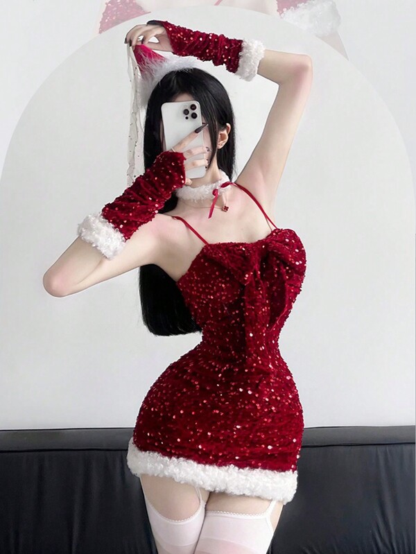 3pcs/Set Christmas Dress + 2pcs Sleeve Shrug + Necklace, Sexy New Year Stage Costume Outfit Clubwear, Cosplay Festival Uniform