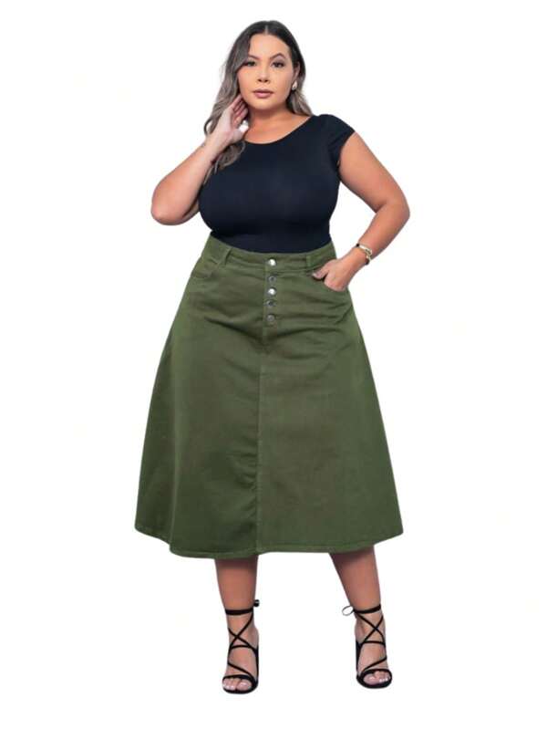 Saia colorida godê jeans plus size evasê soltinha com cintura alta 46 ao 60