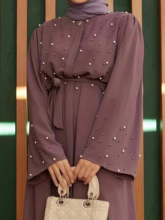 优雅串珠纯色喇叭袖长款开衫