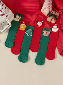 Christmas Kids' Cartoon Character Socks, Red Mid-Calf Stockings For Girls, Suitable For Autumn/Winter