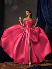 女士 Smilprince 长款露肩纯色褶皱奢华小众高端晚礼服 - 玫紅色 - 查看 1