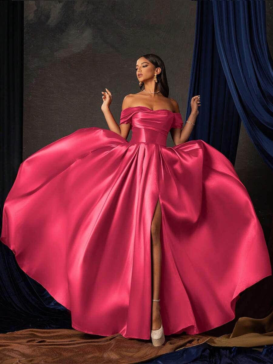 女士 Smilprince 长款露肩纯色褶皱奢华小众高端晚礼服 - 玫紅色 - 查看 1