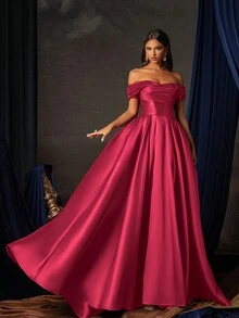 女士 Smilprince 长款露肩纯色褶皱奢华小众高端晚礼服 - 玫紅色 - 查看 7