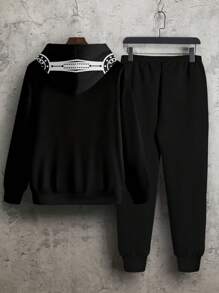 Men's 2 Pieces Set, Men's Black Long Sleeve Hoodie Sweatshirt And Sweatpants Tracksuit, Casual Street Fashion Outfit With Graphic Print, Pocket And Drawstring Design, Suitable For Outdoor Sports - Black - View 5