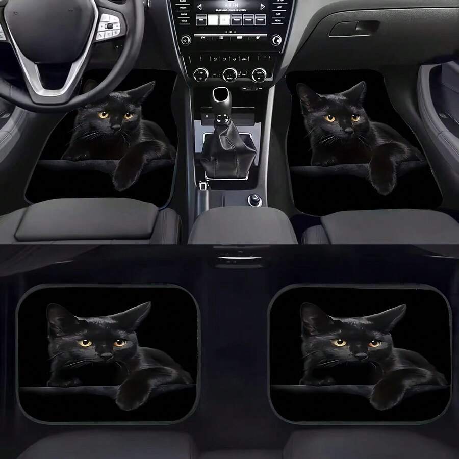 Charming Black Cat Print Car Floor Mats Set Of 4, Waterproof & Non