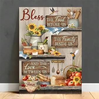1 件木质框架/无框架彩色厨房、新鲜苹果、蜂鸟艺术品、祝福我们面前的食物帆布装饰墙艺术适用于卧室客厅家居墙壁装饰