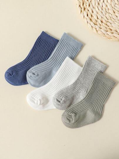 5pairs Baby Unisex Cotton Breathable Solid Color Crew Socks, Suitable For All Seasons