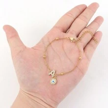 1pc New Fashion Eye & Letter Gold Stainless Steel Beaded Chain Bracelet, For Women - Yellow Gold - View 3