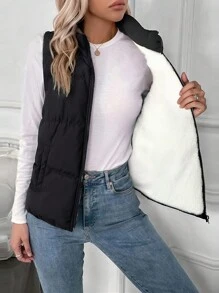 1 Pc Tween Girls Loose Solid Color Casual Thermal Lined Thickened Stand Collar Vest