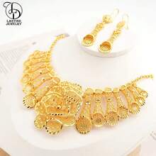 Bộ trang sức cưới sang trọng dành cho phụ nữ, bao gồm vòng cổ choker hoa mạ vàng và hoa tai, phù hợp với cô dâu Ethiopia - Vàng - Xem 1