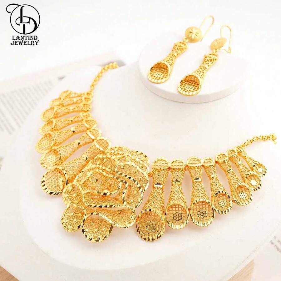 Bộ trang sức cưới sang trọng dành cho phụ nữ, bao gồm vòng cổ choker hoa mạ vàng và hoa tai, phù hợp với cô dâu Ethiopia - Vàng - Xem 1