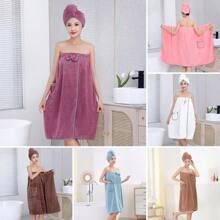 2pcs/Set Pineapple Grid Bathrobe & Bath Cap Set, Simple Style Coral Fleece Bowknot With Pockets, Water-Absorbent & Quick-Drying Bathrobe Suit For Kitchen, Bathroom, Bedroom, Living Room All Seasons Home Bathroom Decor Back To School For Beauty Salon Home Bathroom Shower Towels For Beaty Salon, Hotel Sports,Home Essentials, Towel, Skin Care Bath Towel Sheet