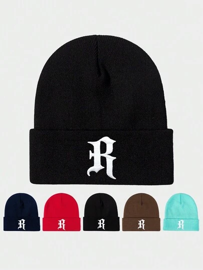 1顶绣有字母R的针织帽，户外街头休闲保暖冬帽，适合日常通勤男女冬季穿着