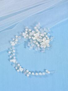 1 chiếc cài tóc thủ công thanh lịch đính hoa pha lê và ngọc trai giả, phụ kiện tóc cưới, phụ kiện ngày Valentine. - Bạc - Xem 3