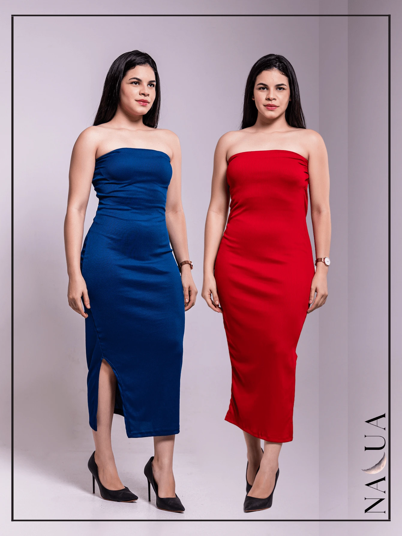 KIT 2 Long Strapless Sheath Dresses In Ribbed Fabric With Slit From P To GG With Padding And Elastic At The Back - Xanh đậm - Xem 1
