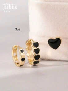 Hihho Bộ 3 khuyên tai tròn hình trái tim bằng đồng dễ thương, thích hợp để đeo hàng ngày, làm quà tặng cho bạn thân hoặc ngày lễ tình nhân - màu đen - Xem 2