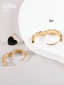 Hihho Bộ 3 khuyên tai tròn hình trái tim bằng đồng dễ thương, thích hợp để đeo hàng ngày, làm quà tặng cho bạn thân hoặc ngày lễ tình nhân - màu đen - Xem 3