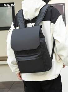 saroxi 男士翻盖背包，双隔层，大容量，防刮，耐磨，适合通勤，涤纶，休闲，时尚，理想礼物圣诞节格子印花电脑包抽绳翻盖口袋黑色包徒步旅行学生大容量多功能户外便携背包度假流浪包礼物情人节包书包贴纸包夏季返校海滩笔记本电脑包运动生活夏季包春假包背包旅行必备大包