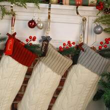 1 Pc Color-Block Christmas Stocking Personalized Christmas Stocking Family Christmas Stockings With Wooden Name Tags Holiday Gift