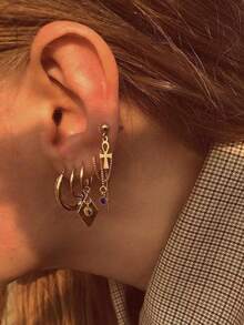 5 件/套十字链和红宝石耳环，复古环形耳环，适合日常佩戴，送给朋友的礼物 - 金色 - 查看 2