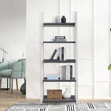 5-Tier Shelves,Bookshelf, Storage Rack, Bookcase With Rubber Wood Frame, Ladder Shelf For Living Room, Home Office, Kitchen, Bedroom, Apartment - 灰+白+橡膠木+MDF - 查看 3