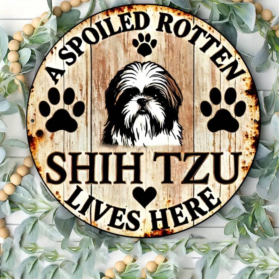 西施标志 - 1 件宠坏的狗家居艺术装饰，乡村农舍花园庭院牌匾，宠物爱好者礼物 7.87 英寸圆圈上下左右不同孔位置随机发货 - 彩色 - 查看 1