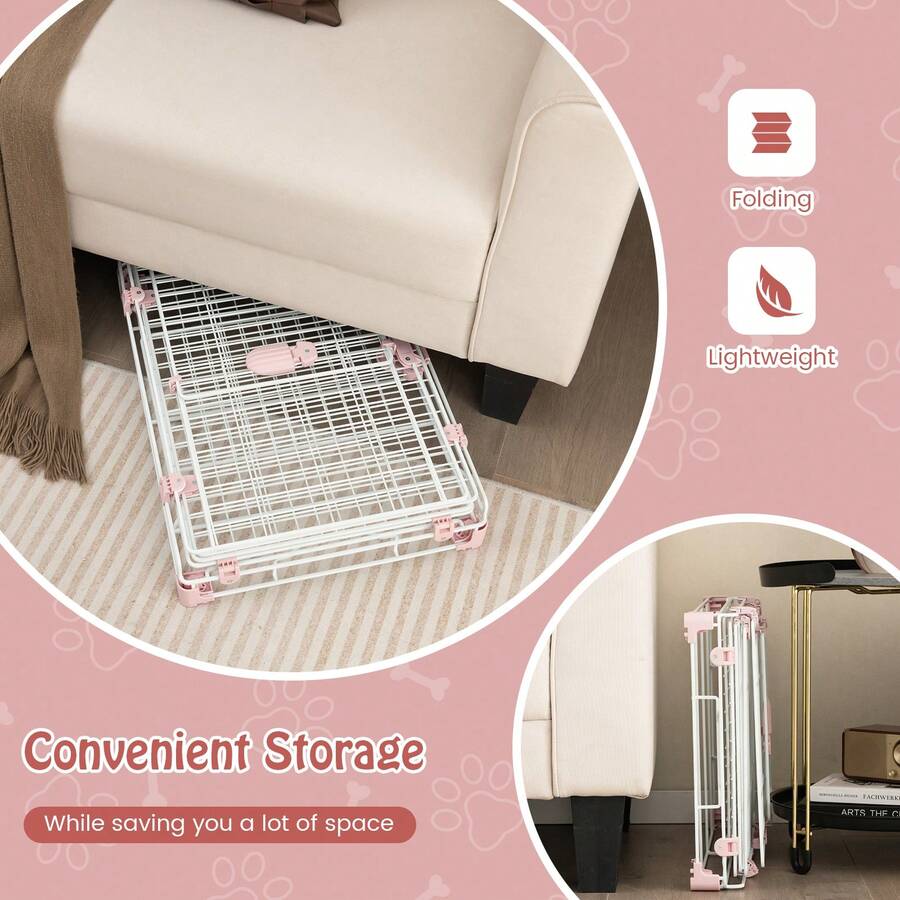 Folding Dog Kennel, Metal Wire Dog Crate With Universal Lockable Wheels