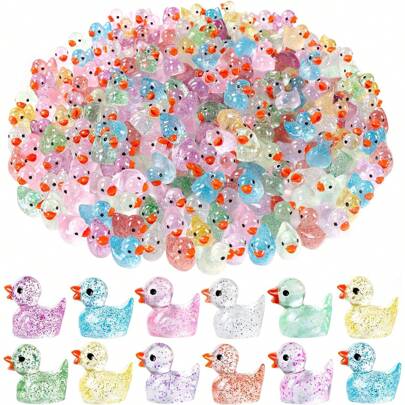 200 Pcs Mini Glitter Ducks Colorful Little Resin Ducks, Can Be Hidden Plastic Animal Figures,Dscape Aquarium Decoration