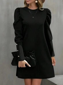 Women Spring/Summer Gigot Sleeve Round Neck Dress - Black - View 1