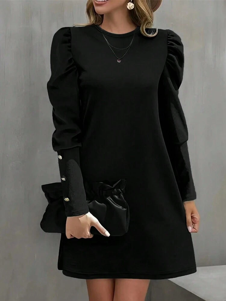 Women Spring/Summer Gigot Sleeve Round Neck Dress Casual Black Elegant - Black - View 1