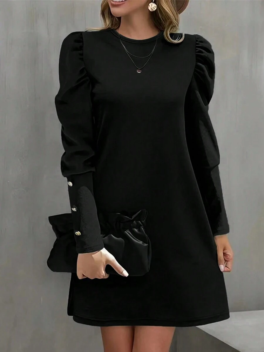Women Spring/Summer Gigot Sleeve Round Neck Dress - Black - View 1
