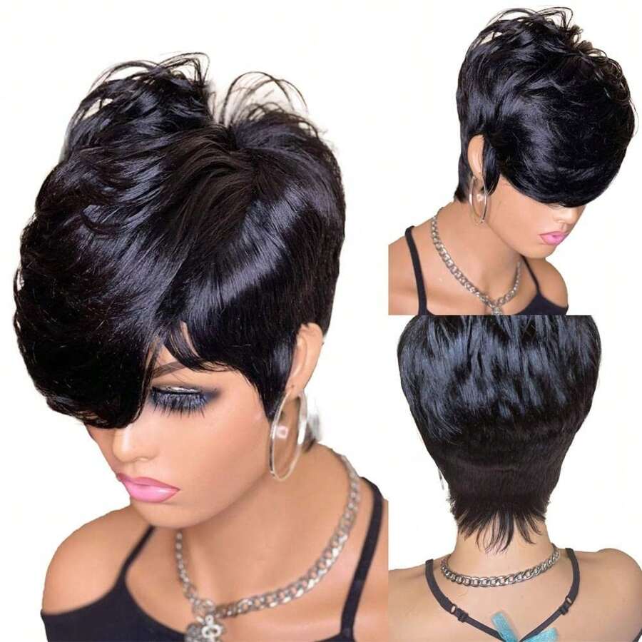 Elegant Pixie Cut Wig For Women Short Layered Style Straight Hair Human Hair Wigs For Women Brazilian Virgin Straight Wigs Rose Net Cap Full Machine Made Wigs Short Wig For Women Pixie Wigs Human Hair Glueless Wig For Daily Wear, Love Gift, Valentine's Day