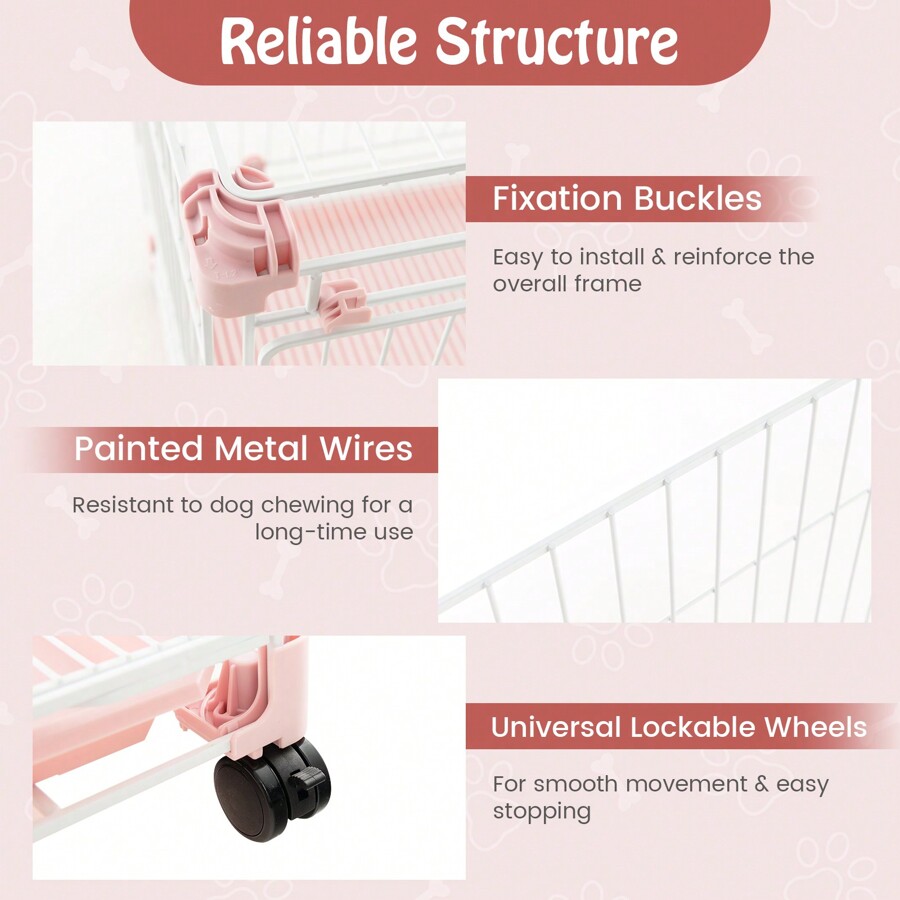 Folding Dog Kennel, Metal Wire Dog Crate With Universal Lockable Wheels