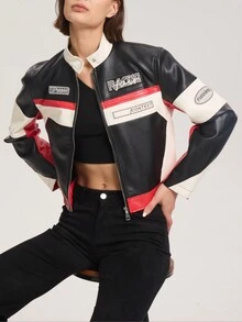 OUTTA BOX 女士时尚撞色拼布字母贴花 PU 皮革摩托车夹克，春/秋 - 黑與白 - 查看 2