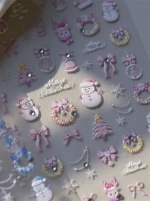 1片 5D亮面貝殼雷射粉色聖誕樹、聖誕花環、雪花、星星美甲貼紙 - 彩色 - 查看 1