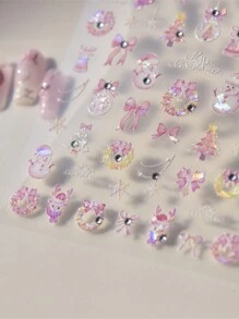 1片 5D亮面貝殼雷射粉色聖誕樹、聖誕花環、雪花、星星美甲貼紙 - 彩色 - 查看 5