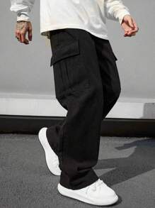 3pcs Tween Boy Casual Solid Color Simple Wide Leg Cargo Pants With Large Pockets, Suitable For Sports And Outdoor, Autumn/Winter