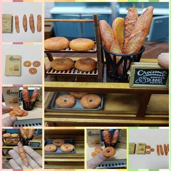 手工制作新款可爱1/6比例娃娃屋微缩粘土制作百吉饼和法棍面包迷你快餐，适用于OB11、Blyth、BJD娃娃屋厨房玩具、超市小吃、微缩食物模型、照片游戏屋玩具配件和娃娃屋配件