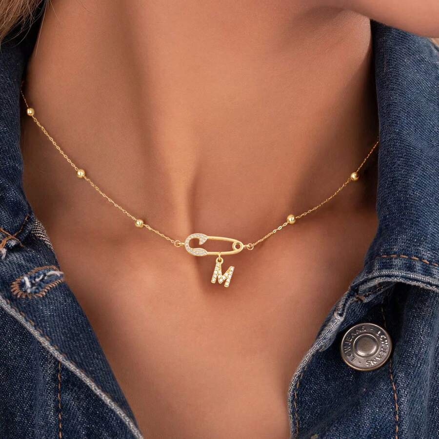 1pc Fashion Zirconia Encrusted Letter Pendant Necklace With Gold Stainless Steel Beaded Chain, For Women - Yellow Gold - View 1