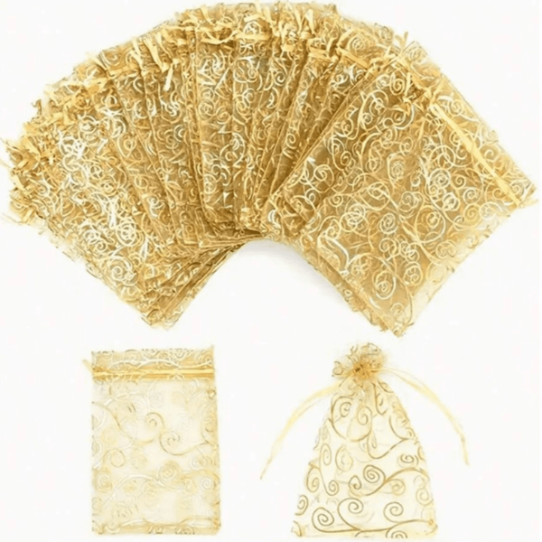 5/10/20 pièces Sacs cadeaux en maille d'organza dorée, sacs à cordon de bijoux avec imprimé de vigne florale, sacs de faveur de fête, pochettes pour bonbons de mariage, douche nuptiale, Noël, Saint-Valentin